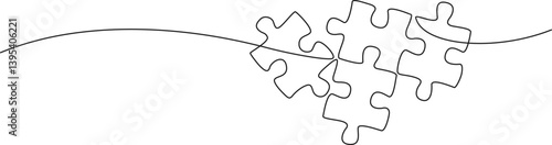 continuous single line drawing of jigsaw puzzle pieces, line art vector illustration