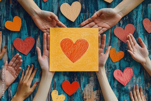 A flat lay of a card for a community service event with hands and heart illustrations