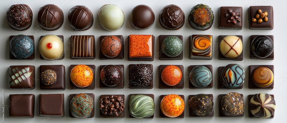 Handcrafted chocolate bonbons arranged in a precise grid on white background