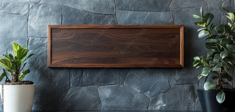 A slim horizontal frame in dark walnut, hanging mid-level on a slate gray wall, its simple design radiating elegance and focus.