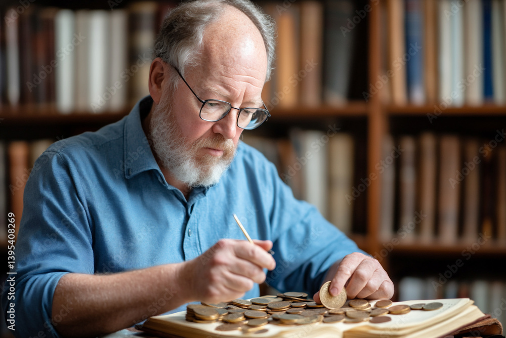 collector sitting near a large bookshelf, cataloging coins in a leather-bound journal. collector sitting near a large bookshelf, cataloging coins in a leather-bound journal.