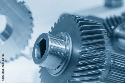 Foto Close up the transmission bevel gear spare parts in the light blue scene