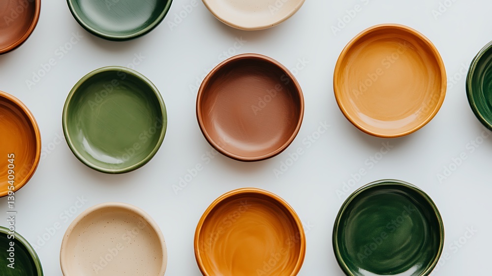 Colorful Ceramic Dish Collection on White Background, Flat Lay Design Colorful Ceramic Dish Collection on White Background, Flat Lay Design