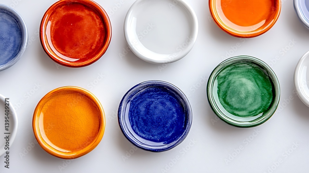 Colorful ceramic plates in various hues arranged on a table Colorful ceramic plates in various hues arranged on a table