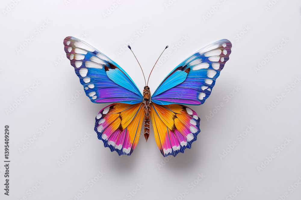 Obraz premium Colorful butterfly showcasing vibrant blue, purple, and orange patterns on a neutral background