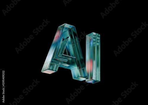 Artificial Intelligence blue dispersed glass 3D render on a black background, isolated