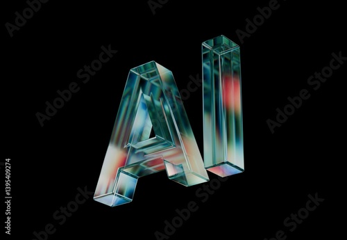 Artificial Intelligence blue dispersed glass 3D render on a black background, isolated
