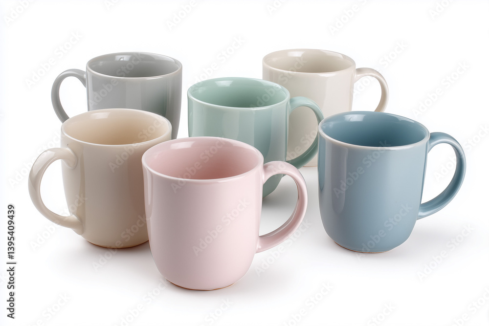 Colorful collection of ceramic mugs arranged on a white background showcasing different pastel shades and sizes Colorful collection of ceramic mugs arranged on a white background showcasing different pastel shades and sizes