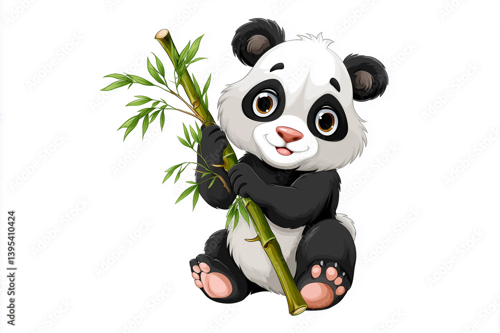 Fototapeta premium Cute cartoon panda holding bamboo in a playful pose on a white background