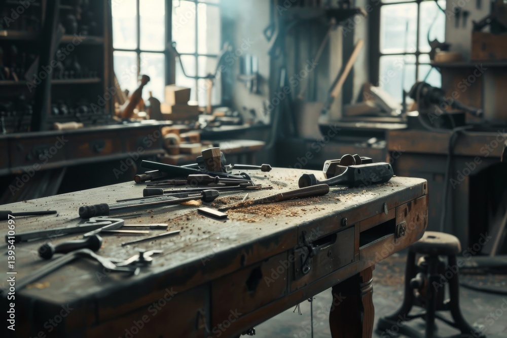 tools on a rustic workbench workshop tools on a rustic workbench workshop