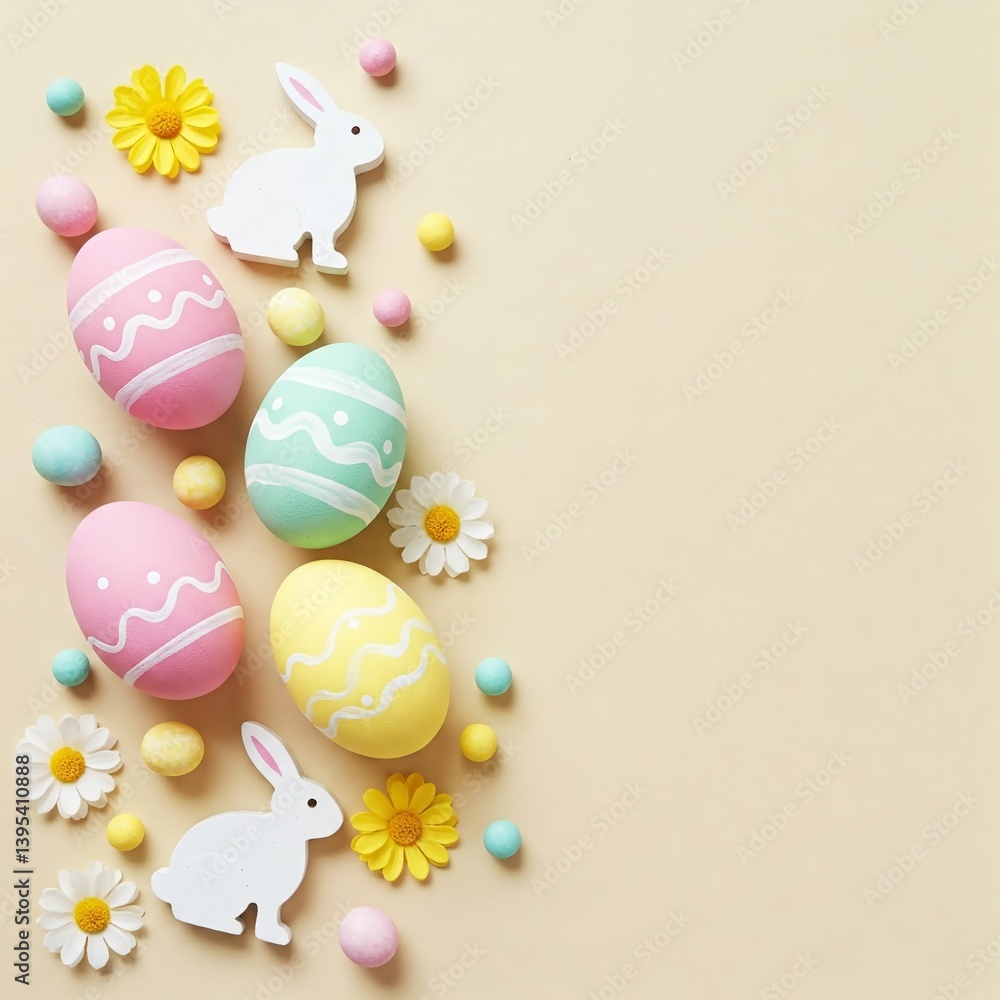 Pastel Easter eggs with bunny figures and flowers on beige background, styled with soft lighting and modern composition. Pastel Easter eggs with bunny figures and flowers on beige background, styled with soft lighting and modern composition.