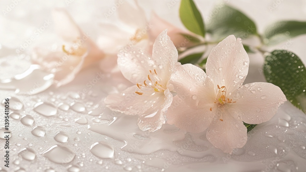 Light pink blossoms with dew drops, showcasing delicate floral beauty. Light pink blossoms with dew drops, showcasing delicate floral beauty.