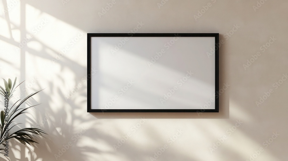 A slim, rectangular black frame elegantly positioned on a light beige wall, creating a sleek and minimalist visual contrast that draws subtle attention.
