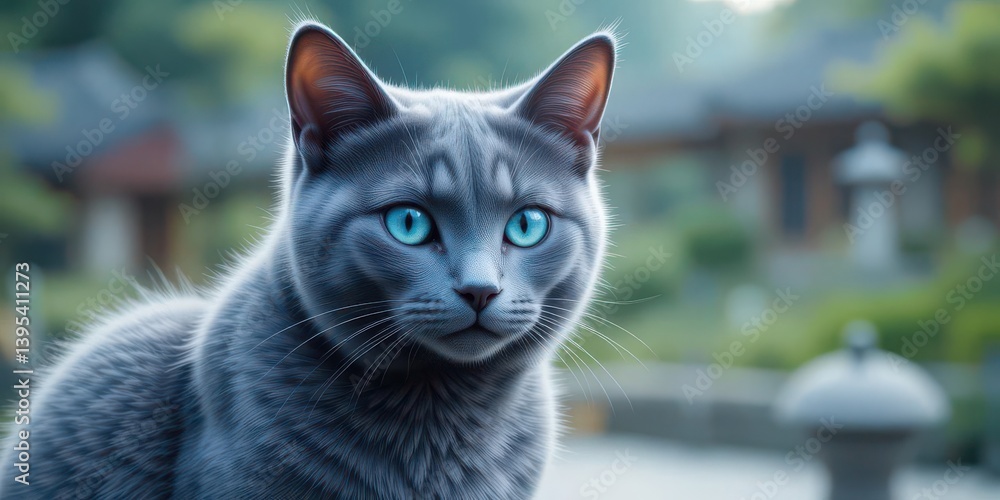 Naklejka premium Russian Blue Cat Portrait with Deep Blue Eyes, Minimalist Japanese Art, Zen Garden Background, Tranquil Atmosphere