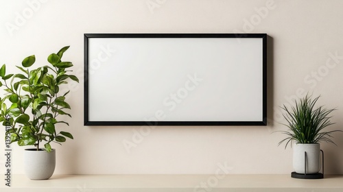 Obraz na płótnie A slim, rectangular black frame elegantly positioned on a light beige wall, creating a sleek and minimalist visual contrast that draws subtle attention. w salonie