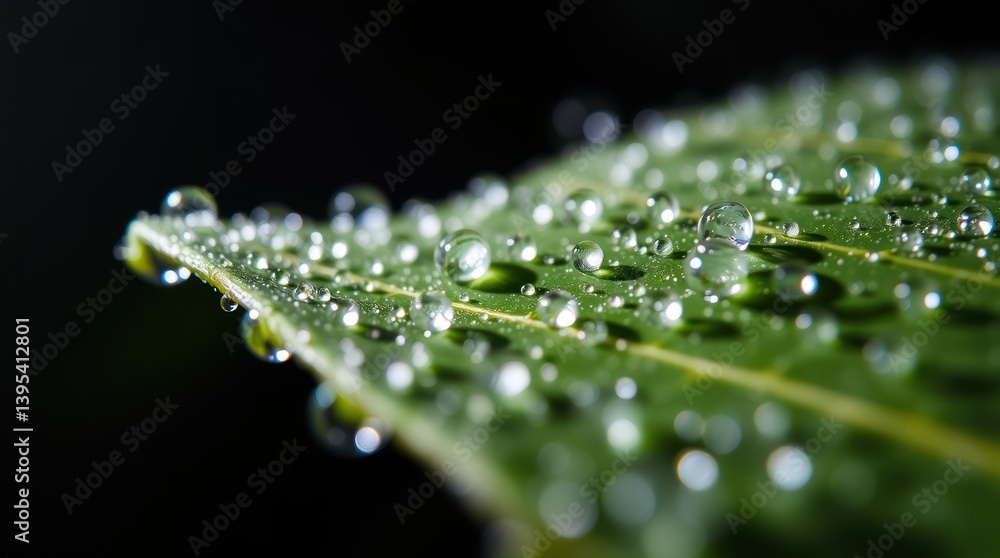 Dewdrops on a leaf. Close-up view of water droplets clinging to a vibrant green leaf, highlighting the intricate vein structure. Dewdrops on a leaf. Close-up view of water droplets clinging to a vibrant green leaf, highlighting the intricate vein structure.