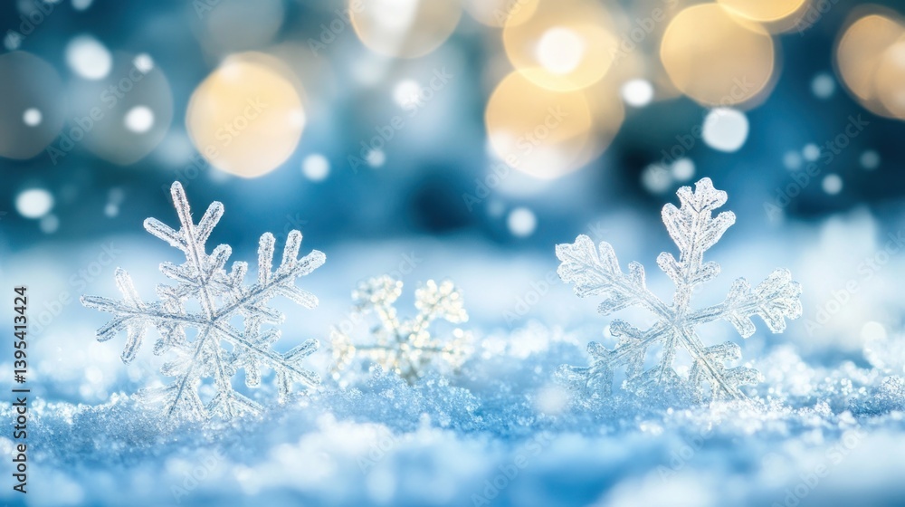 Sparkling snowflakes on snowy ground with bokeh lights. Sparkling snowflakes on snowy ground with bokeh lights.