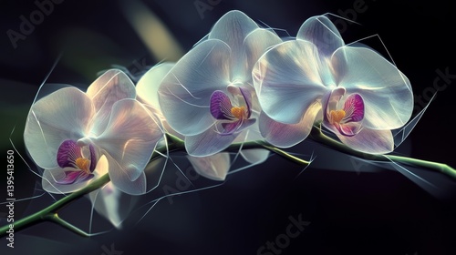 Three white orchids with pink centers bloom against a dark background.