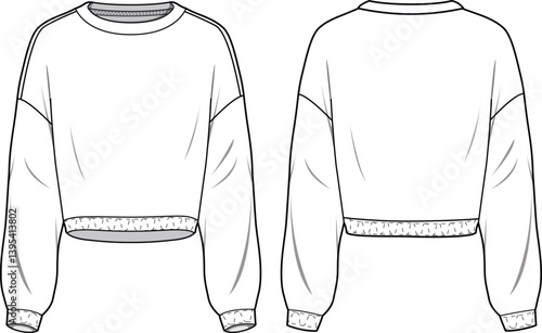 Women's Elastic Hem Crop Sweatshirt. Technical fashion sweatshirt illustration. Front and back, white colour. Women's CAD mock-up.
