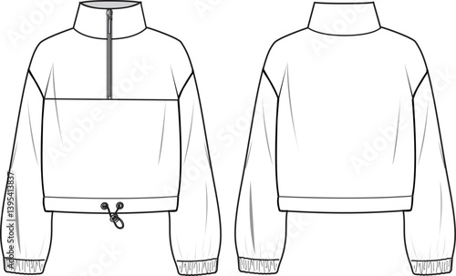 Unisex Half-Zip Sweatshirt. Technical fashion sweatshirt illustration. Front and back, white colour. Unisex CAD mock-up.