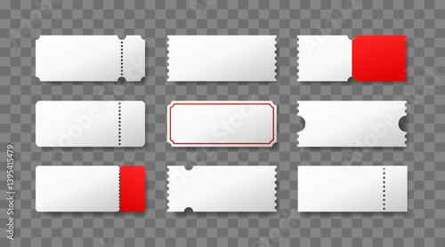 White coupons of different shapes, set of coupons on transparent background.Vector illustration 