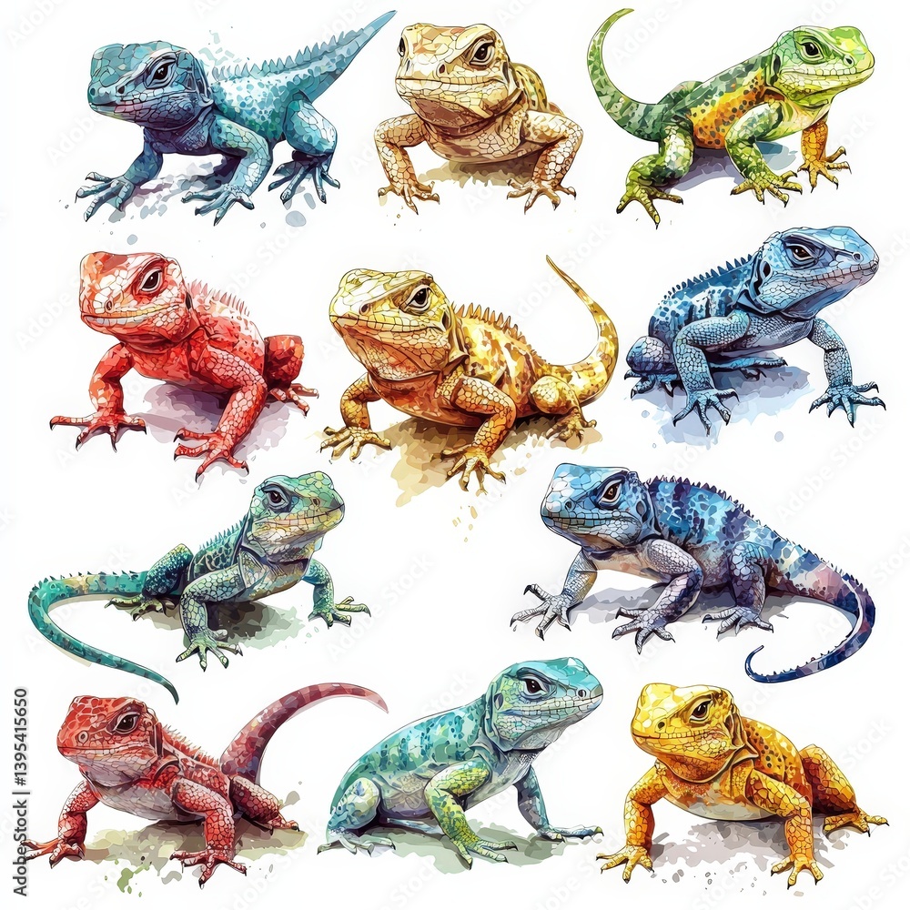 Naklejka premium Colorful watercolor illustration of bearded dragon lizard on white background, highlighting vibrant scales and exotic features. Perfect for wildlife art, biology, or fantasy design themes.