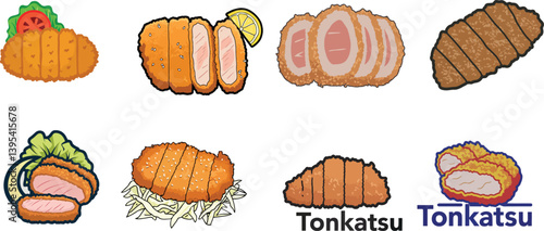 set bundle collection of japanese food tonkatsu icons as concept simple modern minimalist logos, clipart clip art vector illustration, isolated background	