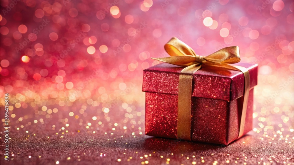 A Sparkling Red Gift Box with a Gold Ribbon on a Glittery Surface A Sparkling Red Gift Box with a Gold Ribbon on a Glittery Surface