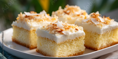 Close-up of coconut cake squares, topped with white frosting and shredded coconutÂ Showcasing delicious dessert, perfect for food blogs or culinary websites