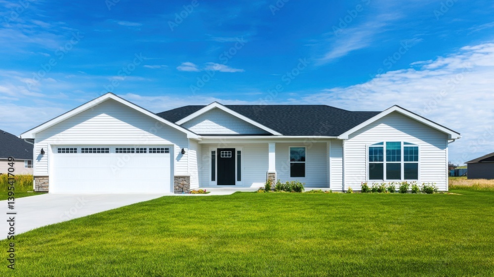 Ranch Style Home with White Siding and Green Lawn Ranch Style Home with White Siding and Green Lawn