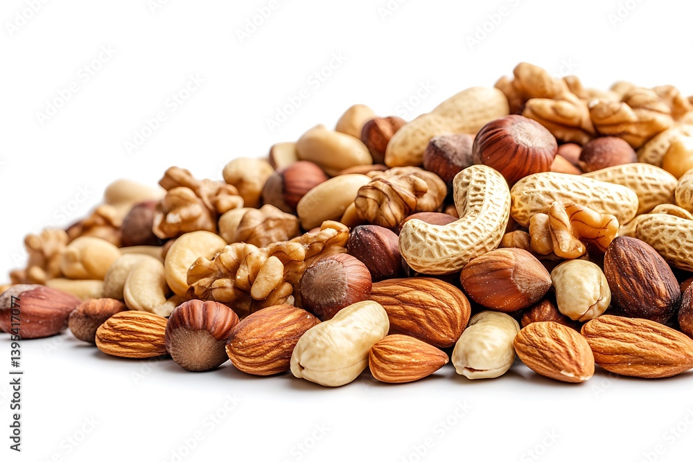 Assorted Nuts Pile Almonds, Hazelnuts, Cashews, Peanuts on a White Background Assorted Nuts Pile Almonds, Hazelnuts, Cashews, Peanuts on a White Background