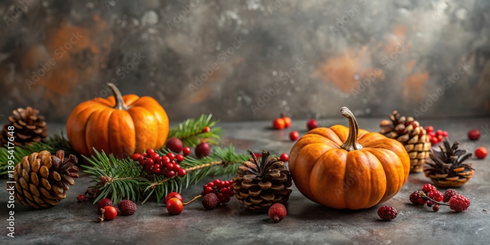 Autumnal Still Life with Pumpkins, Pine Cones, and Berries Autumnal Still Life with Pumpkins, Pine Cones, and Berries