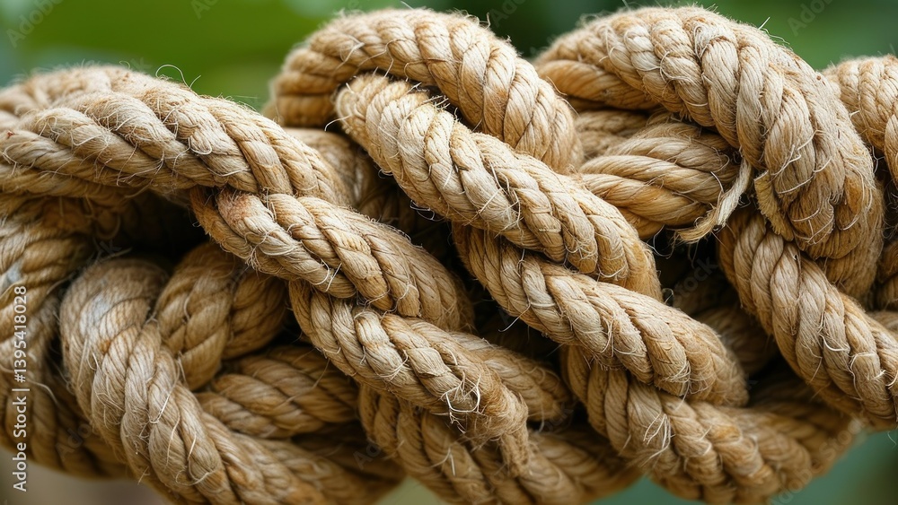 Close-up of a thick, interwoven rope with complex knots and a natural texture. Close-up of a thick, interwoven rope with complex knots and a natural texture.