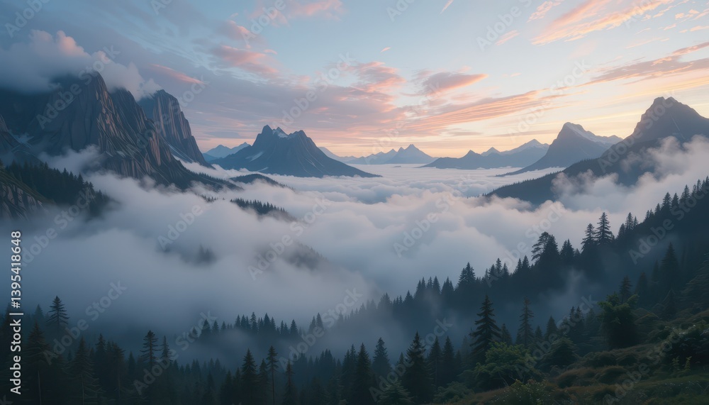 Obraz premium Serene Mountain Landscape with Misty Valley at Sunrise