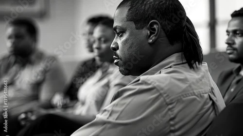 A Black and White photograph of a group of people in a room, seated and seemingly attentive, possibly in a meeting or therapy session. The image captures a moment of reflection and introspection.