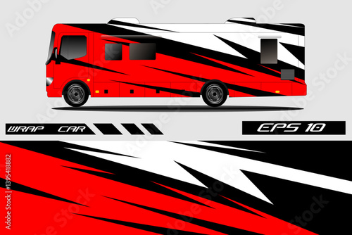 Vibrant red and black RV design with dynamic stripes, showcasing a sleek vehicle wrap concept