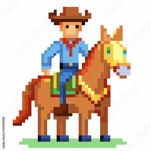 Pixel Art Cowboy Riding Horse with Hat and Bandana in Retro Game Style