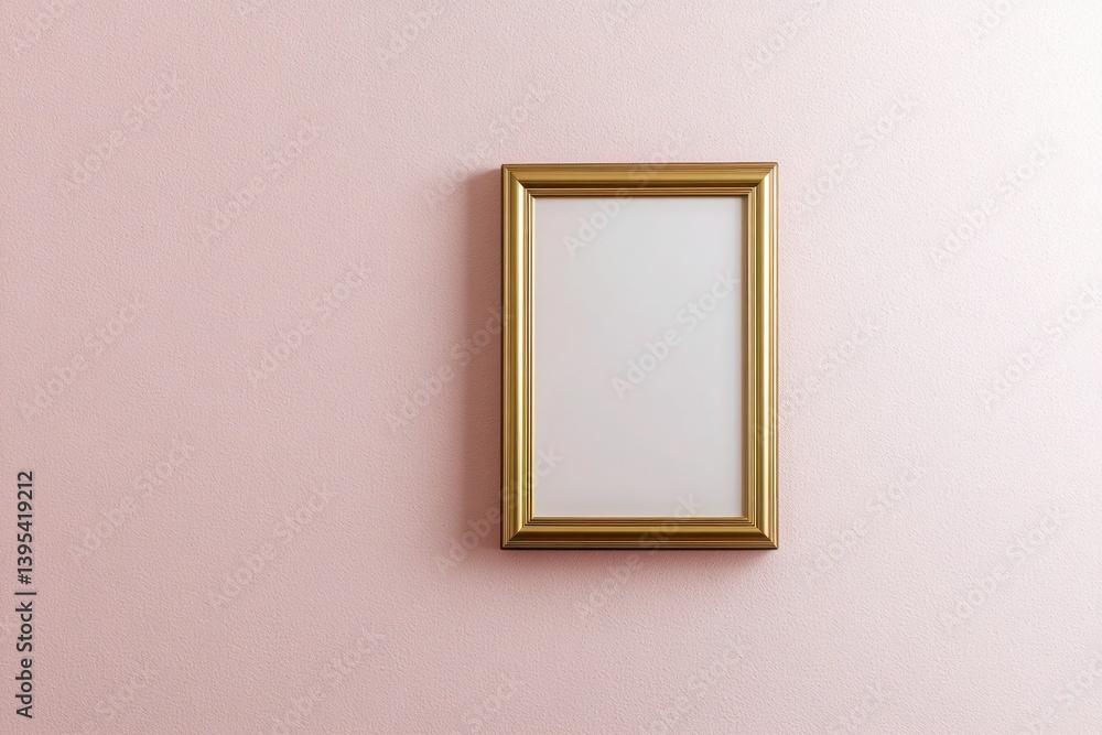 A small, rectangular brass frame with a glossy finish, positioned off-center on a light pink wall, adding a touch of refined warmth.