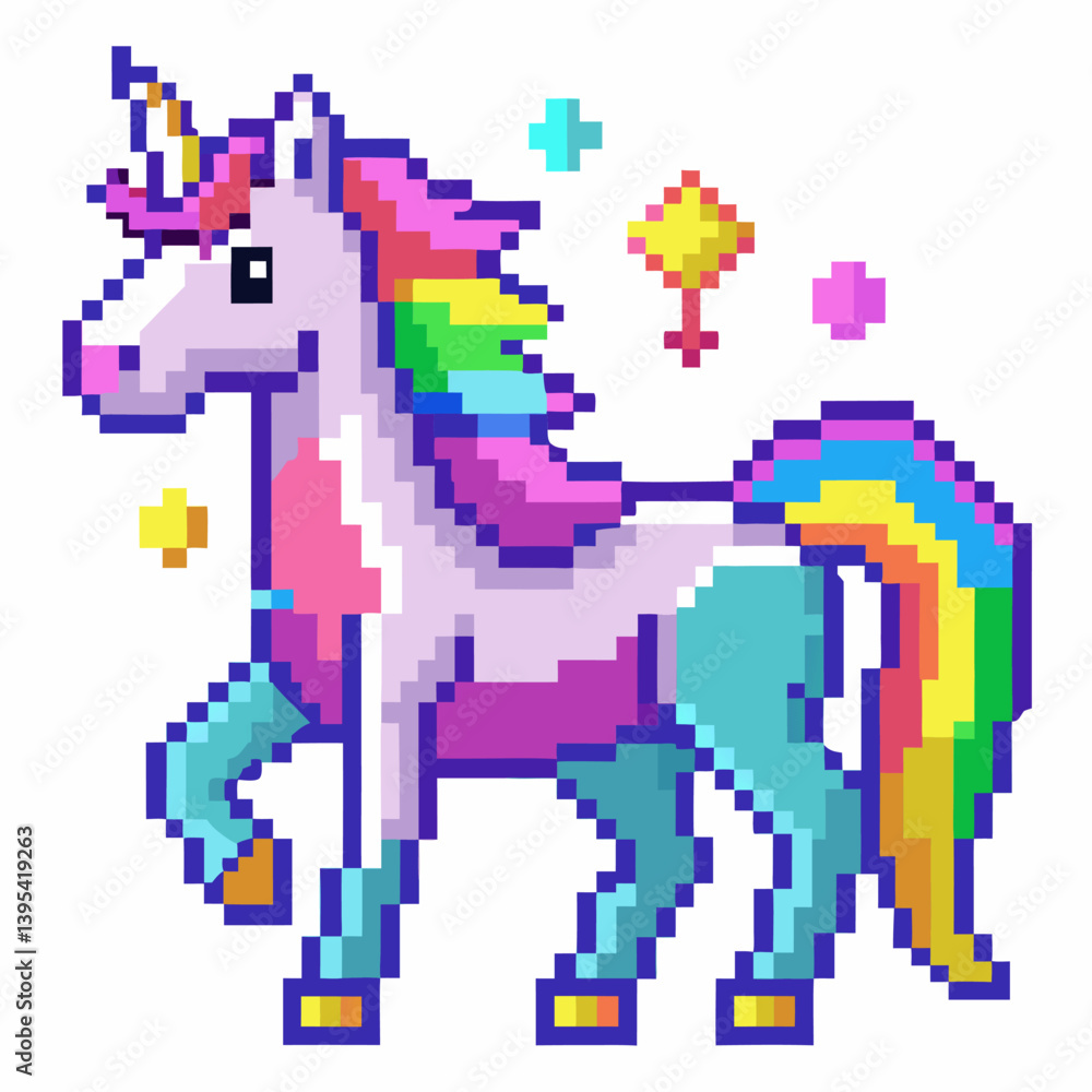Fototapeta premium Colorful Retro Pixel Art Unicorn with Rainbow Mane and Stars on White Background
