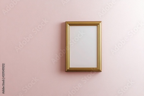 Obraz na płótnie A small, rectangular brass frame with a glossy finish, positioned off-center on a light pink wall, adding a touch of refined warmth. w salonie