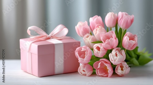 Elegant pink gift box surrounded by fresh tulips indoor setting photography soft natural light celebration concept