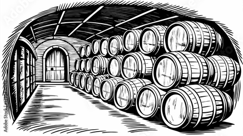 Vintage Wine Cellar with Barrels in Rustic Woodcut Style Illustration