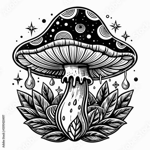 Psychedelic Mushroom with Cosmic Designs and Nature Elements in  Art