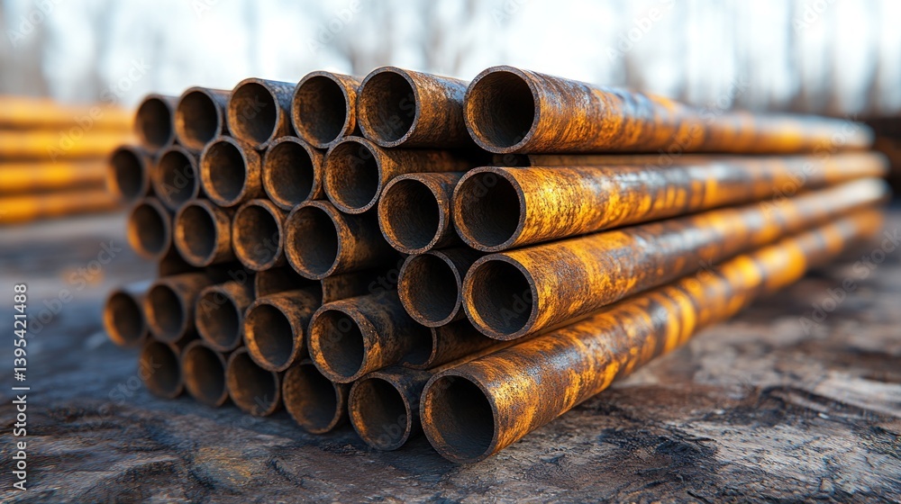 Stack of rusty metal pipes outdoors, close-up view showing texture and detail. Stack of rusty metal pipes outdoors, close-up view showing texture and detail.