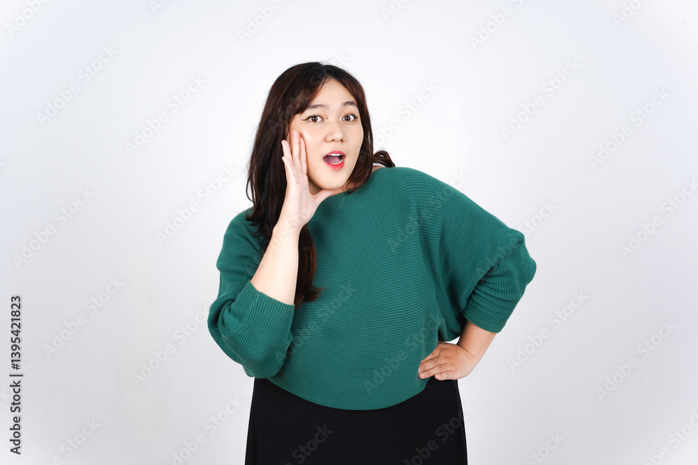 Hand over mouth shouting for to telling something announcement for sale promotion Of Beautiful Asian Woman Isolated On White Background Hand over mouth shouting for to telling something announcement for sale promotion Of Beautiful Asian Woman Isolated On White Background