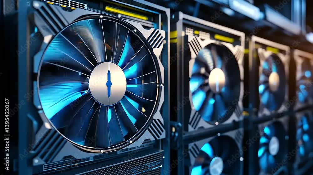 Close-up angle of server fans spinning, with vivid blue cooling LEDs ...