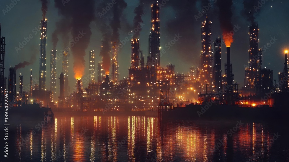 Night Refinery, Industrial Landscape, Glowing Towers, Cityscape Night Refinery, Industrial Landscape, Glowing Towers, Cityscape