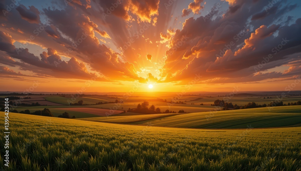 Fototapeta premium Breathtaking Sunset Over Rolling Fields with Vibrant Sky Colors