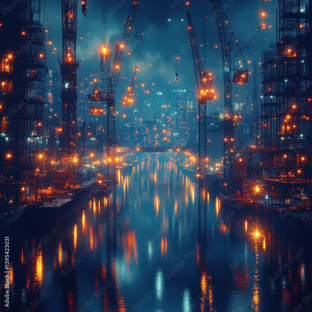 Fototapeta premium Futuristic Cityscape: Night Construction on the Water
