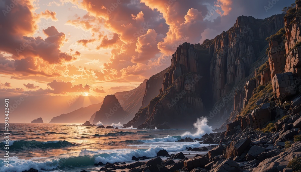 Fototapeta premium Majestic Sunset Over Rugged Coastal Cliffs and Rolling Ocean Waves